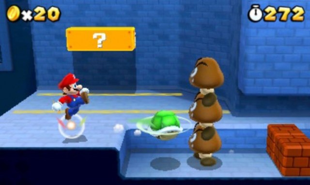 Mario kicking a green shell at some goombas in Super Mario 3D Land